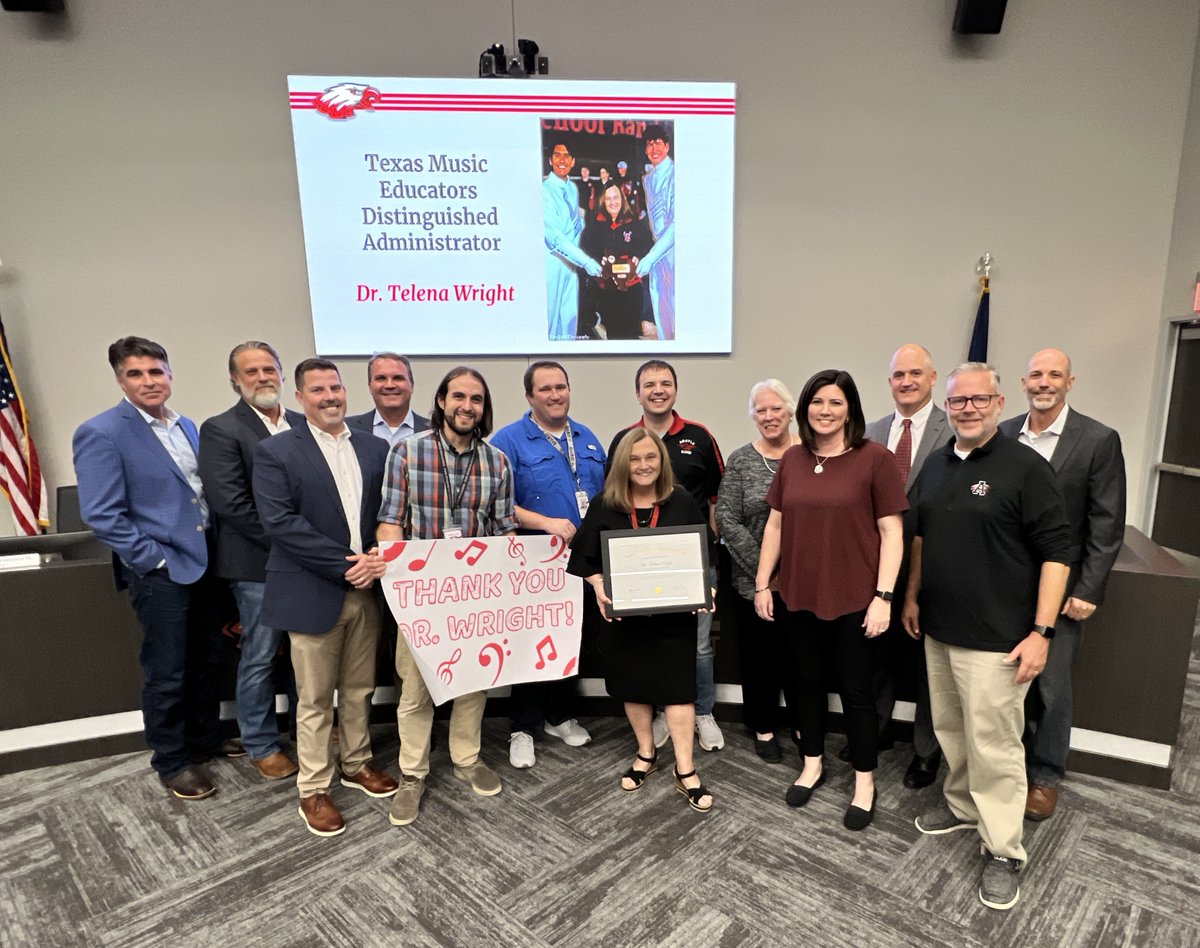 ArgyleISD's tweet photo. The Board also recognizes Superintendent Dr. Telena Wright who was honored as a Texas Music Educators Distinguished Administrator. She was presented the award by AHS Band Director Jason Bird. https://t.co/PJ6kPICBHs