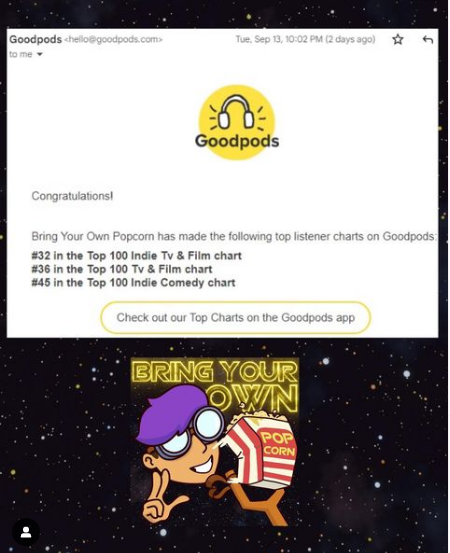 bringpopcornpod's tweet photo. Posted this to insta but forgot to share it with birdspace! I'm sorry, birdspace! Please don't feel left out! Thank you so much to all of our listeners and reviewers on @GoodpodsHQ, the only social podcast listening app that's like Goodreads for podcasts. #notanad #Ijustlikeit https://t.co/0RYOKRSh4E