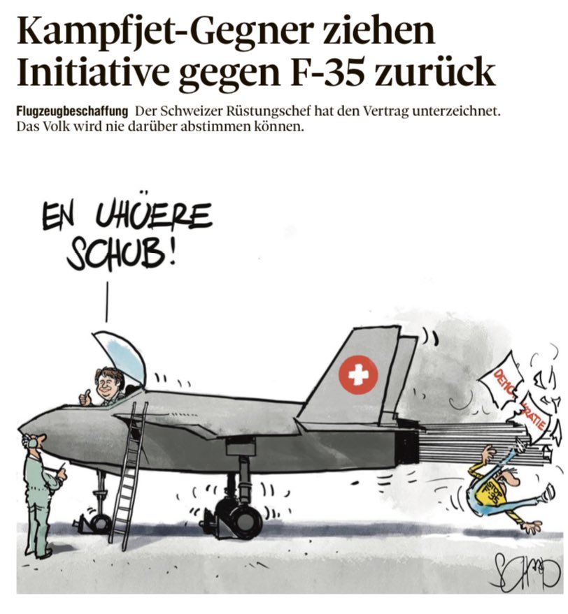 Die <a href="/StopF35/">Stop F-35</a> - Initiative ist tot. Wir ziehen zurück. Wir werden keine Hand bieten für eine Pseudoabstimmung, die die Stimmbevölkerung nicht ernst nimmt. Danke allen, die sich auf dem Weg engagiert haben! <a href="/GSoASchweiz/">GSoA</a> <a href="/GrueneCH/">GRÜNE Schweiz</a> <a href="/spschweiz/">SP Schweiz</a>