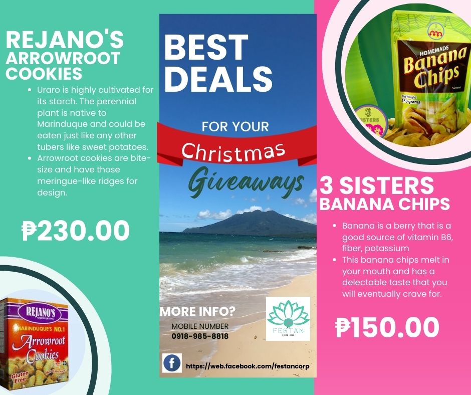 festancorp's tweet photo. 🔥 HOT 🔥HOT 🔥HOT 🔥
Best deals from our beloved Island!
We hear you. 
We want you to taste our delectable goodies. 
Our best offers for the coming holidays. 
 🍪REJANO’s  #ARROWROOT COOKIES P230.00 🍪

🍌 3 SISTERS #BANANACHIPS P150.00 🍌#exploremarinduque https://t.co/dzmXHLl7jM