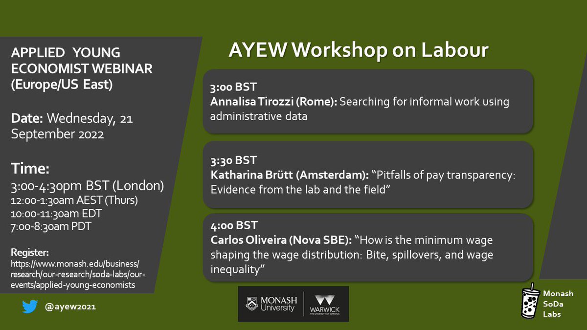 Applied Young Economist Webinar (@ayew2021) on Twitter photo TOMORROW (21 September) on Applied Young Economist Webinar - Workshop on Labour
Join us at 3pm BST (12am AEST Thurs) to listen to <a href="/AnnalisaTirozzi/">annalisa tirozzi</a> (<a href="/unitorvergata/">UniversitĂ di Roma Tor Vergata</a>), <a href="/KatharinaBrutt/">Katharina BrĂĽtt</a> (<a href="/UvA_Amsterdam/">UvA Amsterdam</a> ) & <a href="/carlosol1ve1ra/">Carlos Oliveira</a> (<a href="/NovaSBE/">NovaSBE</a>)
Sign up for Zoom details: monash.edu/business/resea… TOMORROW (21 September) on Applied Young Economist Webinar - Workshop on Labour
Join us at 3pm BST (12am AEST Thurs) to listen to <a href="/AnnalisaTirozzi/">annalisa tirozzi</a> (<a href="/unitorvergata/">UniversitĂ di Roma Tor Vergata</a>), <a href="/KatharinaBrutt/">Katharina BrĂĽtt</a> (<a href="/UvA_Amsterdam/">UvA Amsterdam</a> ) & <a href="/carlosol1ve1ra/">Carlos Oliveira</a> (<a href="/NovaSBE/">NovaSBE</a>)
Sign up for Zoom details: monash.edu/business/resea…