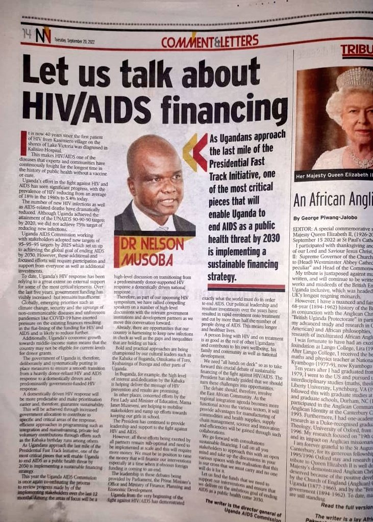 NelsonMusoba's tweet photo. As we consoliadate our efforts to end AIDS by 2030. I make a case for increasing domestic financing for our HIV response. All in today's @newvisionwire.

Cc @KagutaMuseveni @JanetMuseveni https://t.co/loib2GdqGn