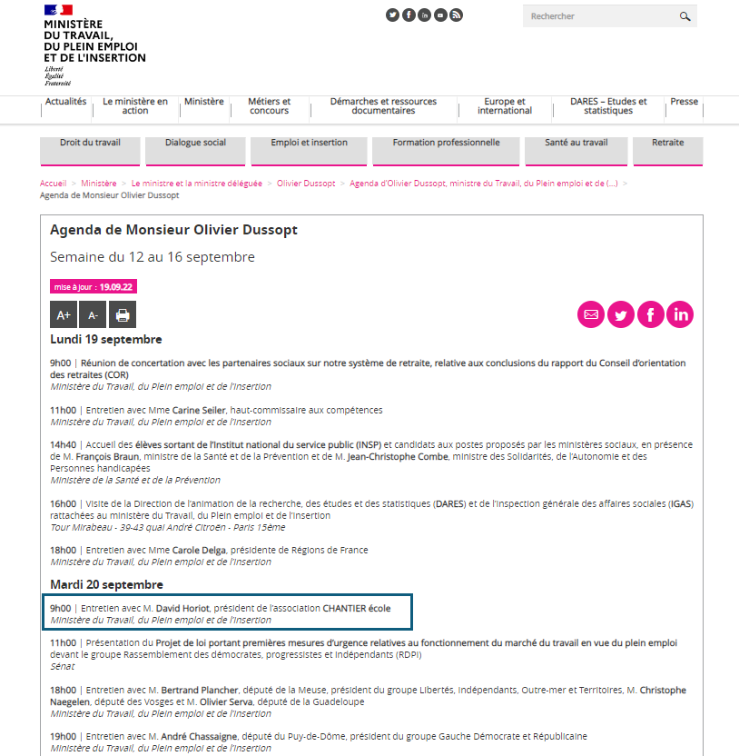 Le président de <a href="/CHANTIERecole/">CHANTIER école</a> David Horiot est reçu ce matin par le ministre du Travail <a href="/olivierdussopt/">Olivier Dussopt</a> pour évoquer les sujets prioritaires pour l'#IAE : gouvernance collective, sécurisation des moyens des #ACI, développement territorial, investissement dans la formation.