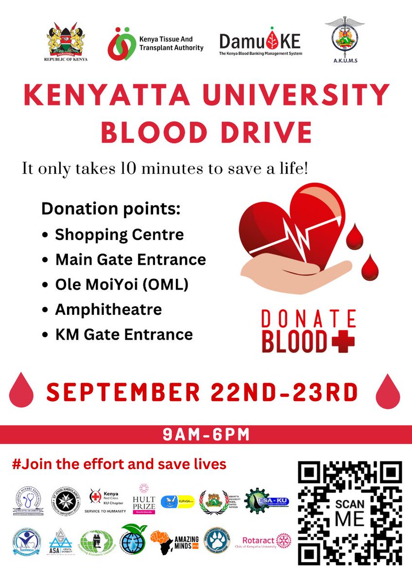 Krcs_NRbBranch's tweet photo. K U Tupo!
Join us for our #BloodDrive activity at @KenyattaUni, starting from 22nd -23rd September. Donating blood is saving a life!
#BloodDonation ##savelives https://t.co/rIQgYFz2Ym