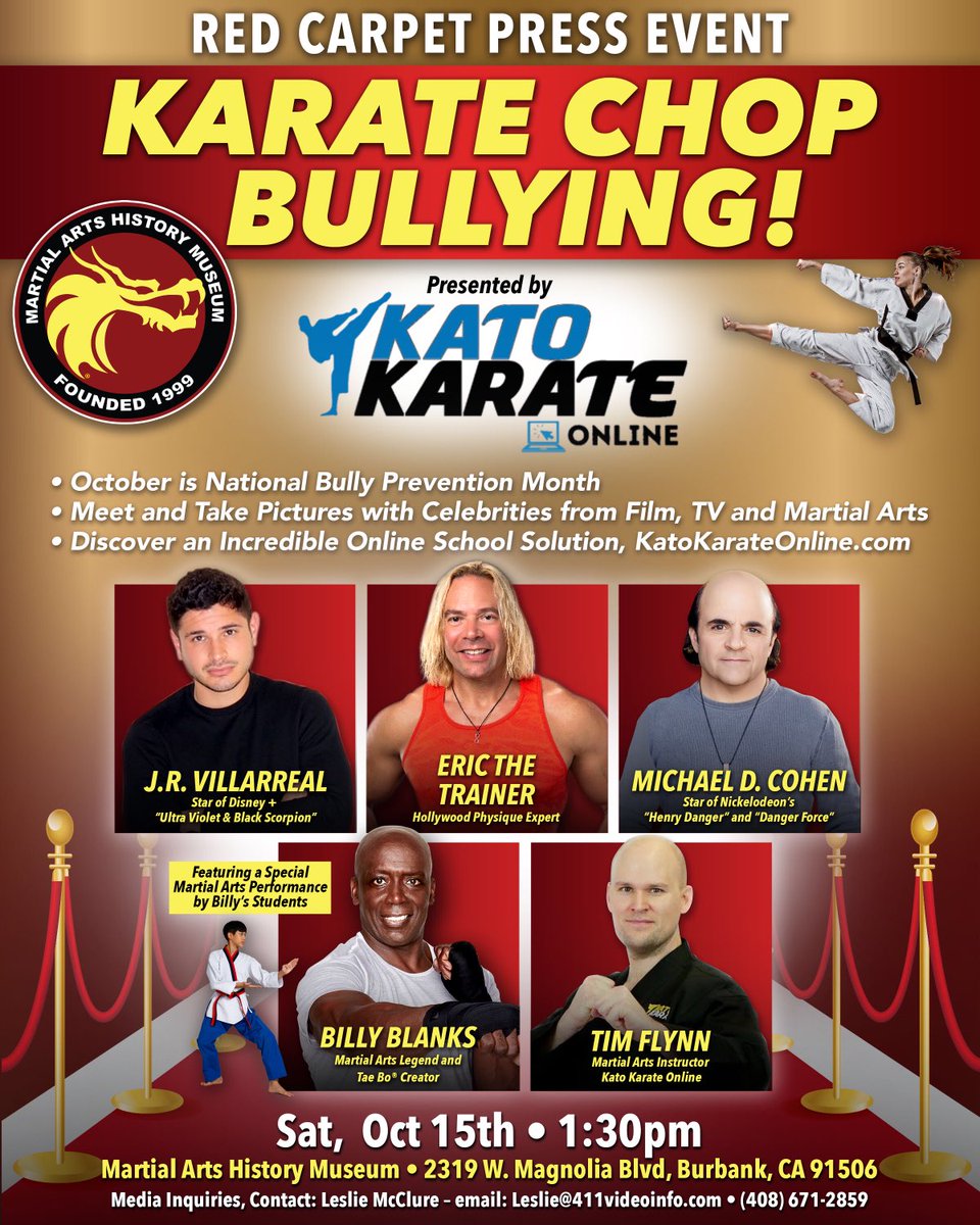 October is National Bullying Prevention Month! Join this Red Carpet Family Press Event to support anti-bullying! ⁦<a href="/ErictheTrainer/">ᴇʀɪᴄ ᴛʜᴇ ᴛʀᴀɪɴᴇʀ</a>⁩ #martialartshistorymuseum #katokarateonline #411video 📞
