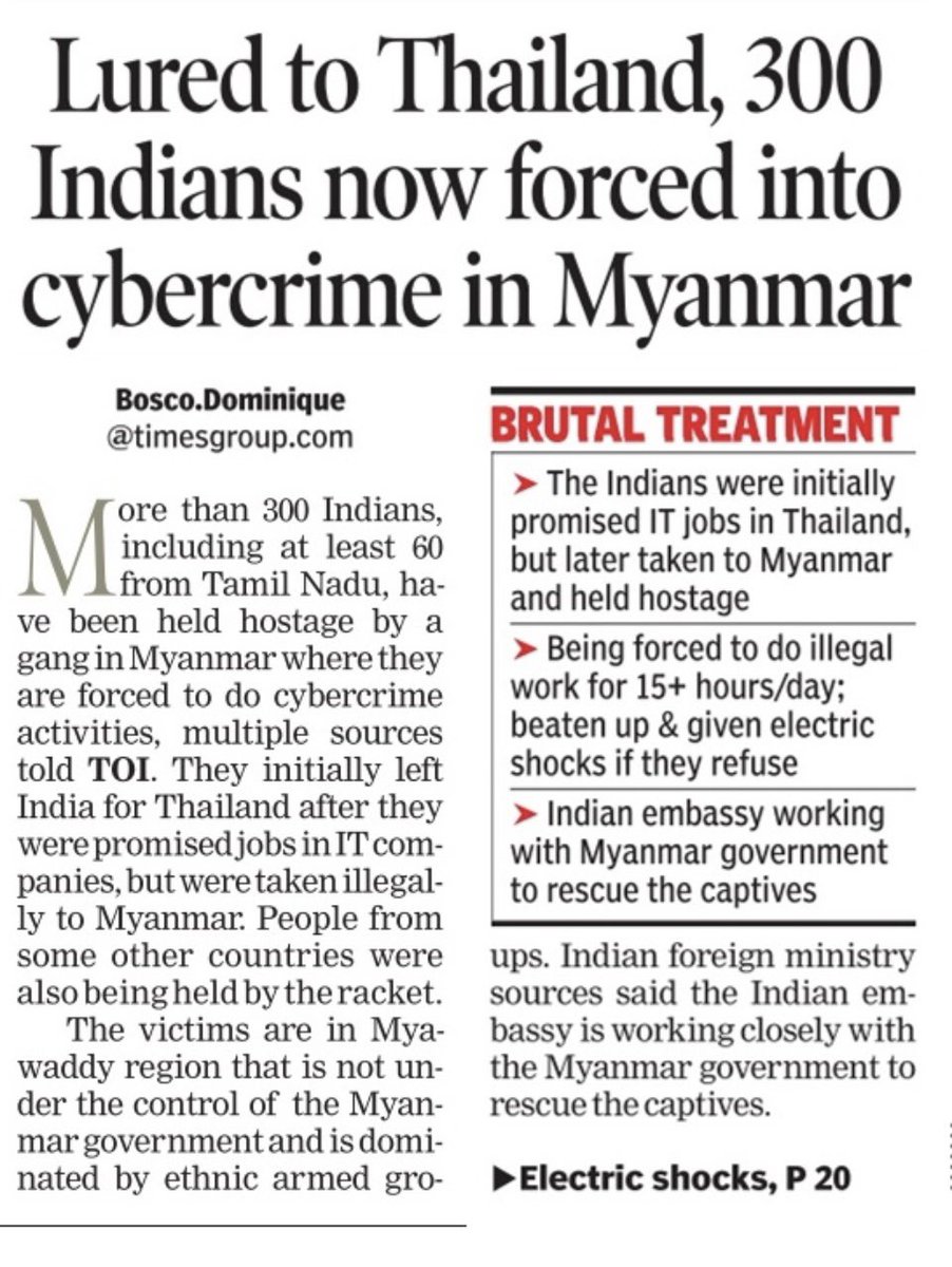 IamRajat_Pandit's tweet photo. Important story on 300 Indians being held hostage in Myanmar by @BoscodTOI in @timesofindia https://t.co/lXHyohrkM5