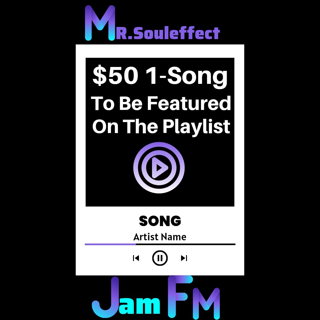 SouleffectFm's tweet photo. Mr.Souleffect Jam FM 

ATTENTION :  you want to get your song feature on my online radio is $50 1-Song to be featured on the playlist.

SIDE NOTE : only for singers not rappers!
#OnlineRadioStation https://t.co/6grdqEYnRj