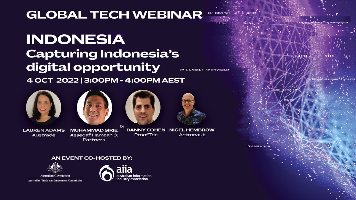 Austrade's tweet photo. Want to unlock opportunities in #Indonesia? Our Global Tech Webinar will help Aussie tech companies explore the booming #DigitalConsumers market, domestic demand for #TechSolutions, #CyberSecurity and #DataInfrastructure. 📱
Register here: https://t.co/aq0m6dPK0L https://t.co/aMjEiiDRfP