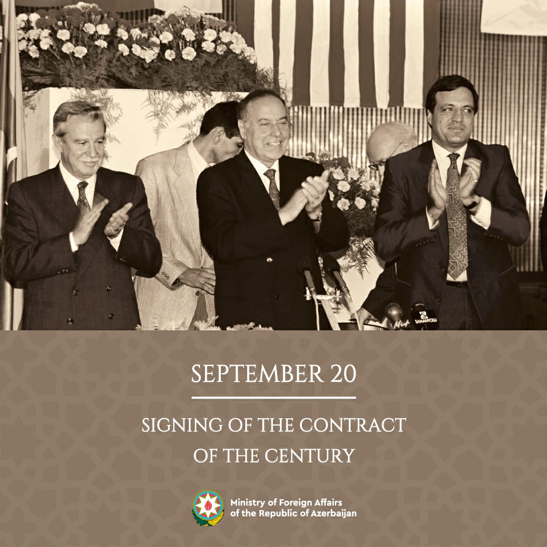 '#OTD Azerbaijan marks 28th anniversary of signing of the #ContractOfTheCentury✍️. Agreement dated 20 September 1994 has become a major factor in the future #development of independent #Azerbaijan 🇦🇿 & has secured its steady & rapid growth.
