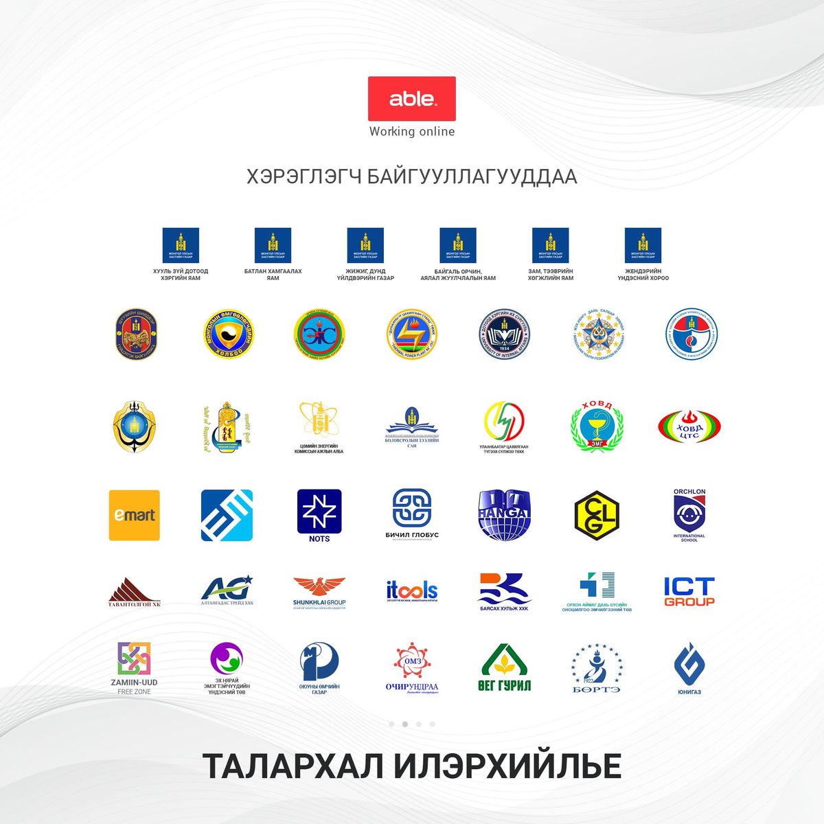 able_soft's tweet image. Байгууллагын дотоод удирдлагыг цогцоор нь шийдсэн #ABLE  системийг өдөр тутамдаа ашиглаж байгаа #800 гаруй төрийн болон хувийн хэвшлийн аж ахуй нэгжүүд болон  #30000 гаруй хэрэглэгч  нартаа баярлалаа.
 
#Байгууллагындотоодудирдлагынцогцсистем