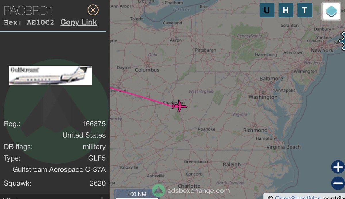 RedIntelPanda's tweet photo. Non-stop from Hickam Air Force Base, Hawaii, to perhaps DC is this US Navy C-37A under call sign PACBRD1. 

Sounds like a call sign someone like a top commander in the Pacific would use, given its origin?

166375, #AE10C2 https://t.co/uBNA3wMCWT