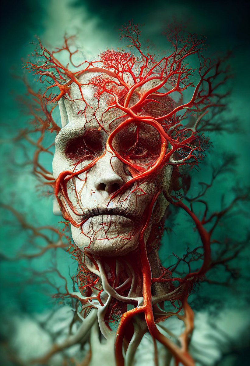 medicalsuction's tweet photo. Arteries and veins with vital fluid vessels with fractal branching, kidneys on a tree, human faces, bones with mould and moss #midjourney #midjourneyart https://t.co/F3CRmAQFoT