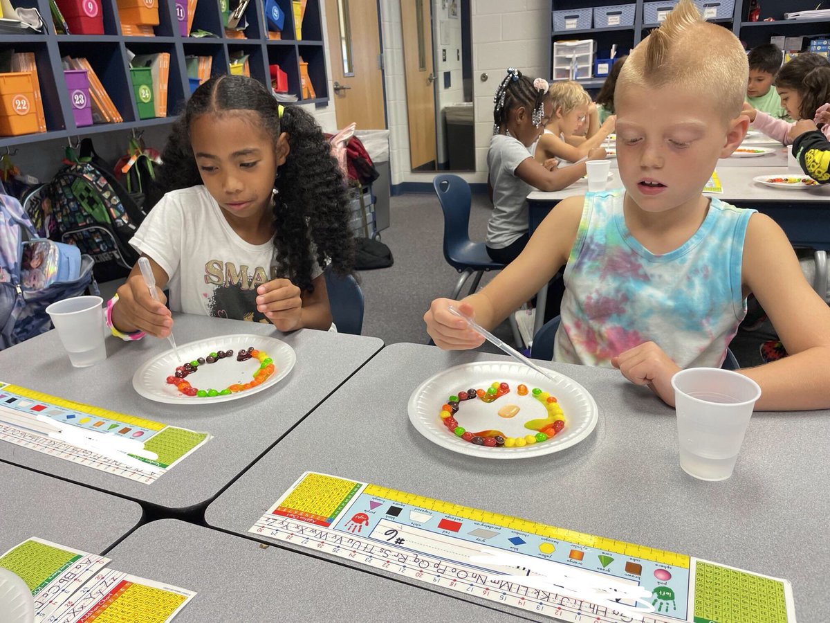 These second grade scientists were completing a science simulation using Skittles candies and water to represent rocks and water as students applied their understanding of erosion and weathering.