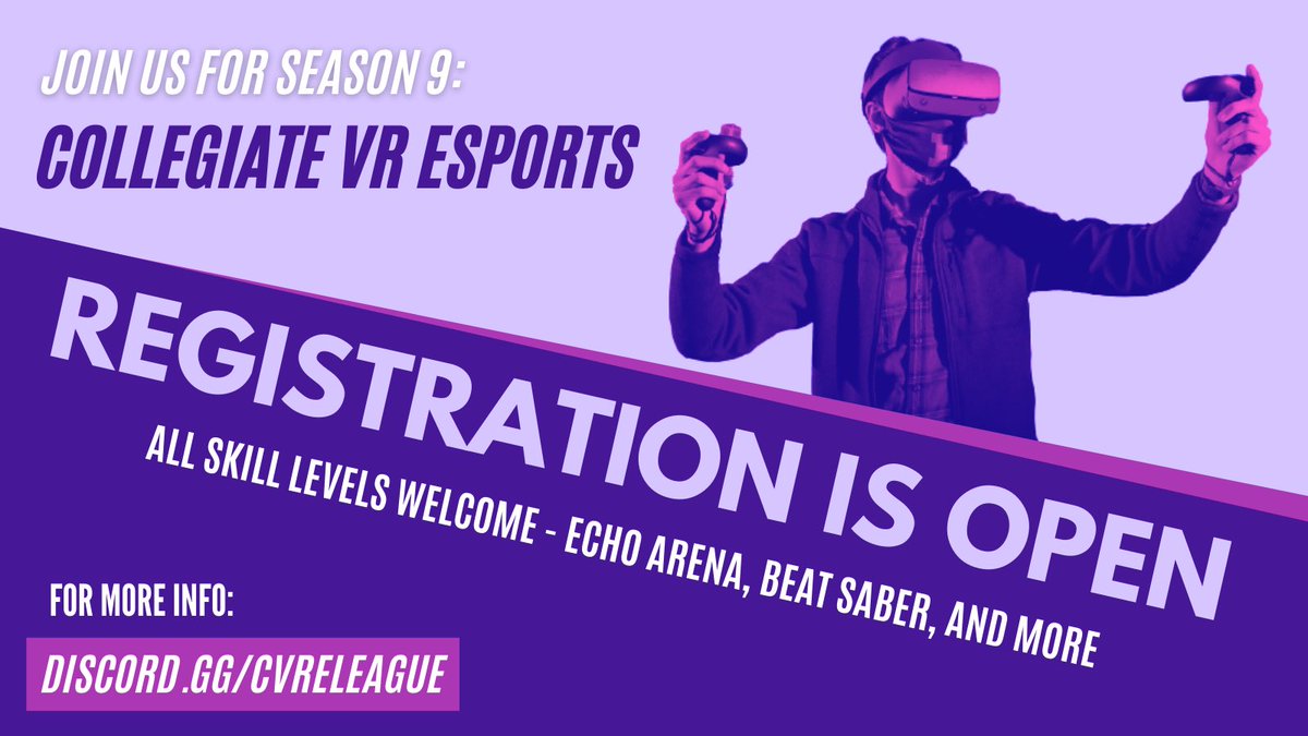 Our S9 Beat Saber Qualifiers are officially underway and registration for all student tourneys (including Echo VR) closes on 9/26❗️Join the CVRE server at discord.gg/cvreleague for more info and use this form to register: forms.gle/9aewouNk5CDXkD…

#esports #vr #BeatSaber #echovr