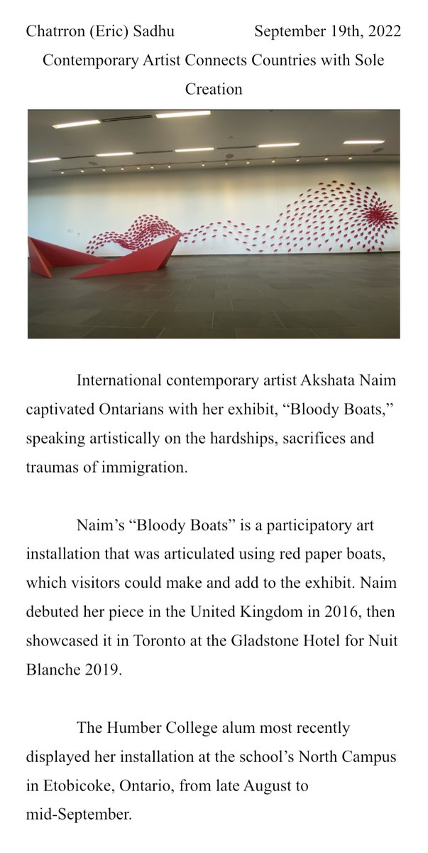 sadhu_eric's tweet photo. I recently got the chance to interview international visual artist Akshata Naim on her installation titled, "Bloody Boats." Please feel free to read through the article uploaded or scroll through the following thread and images! Sincere thanks to Ms. Naim! https://t.co/pjiIeQAMwS