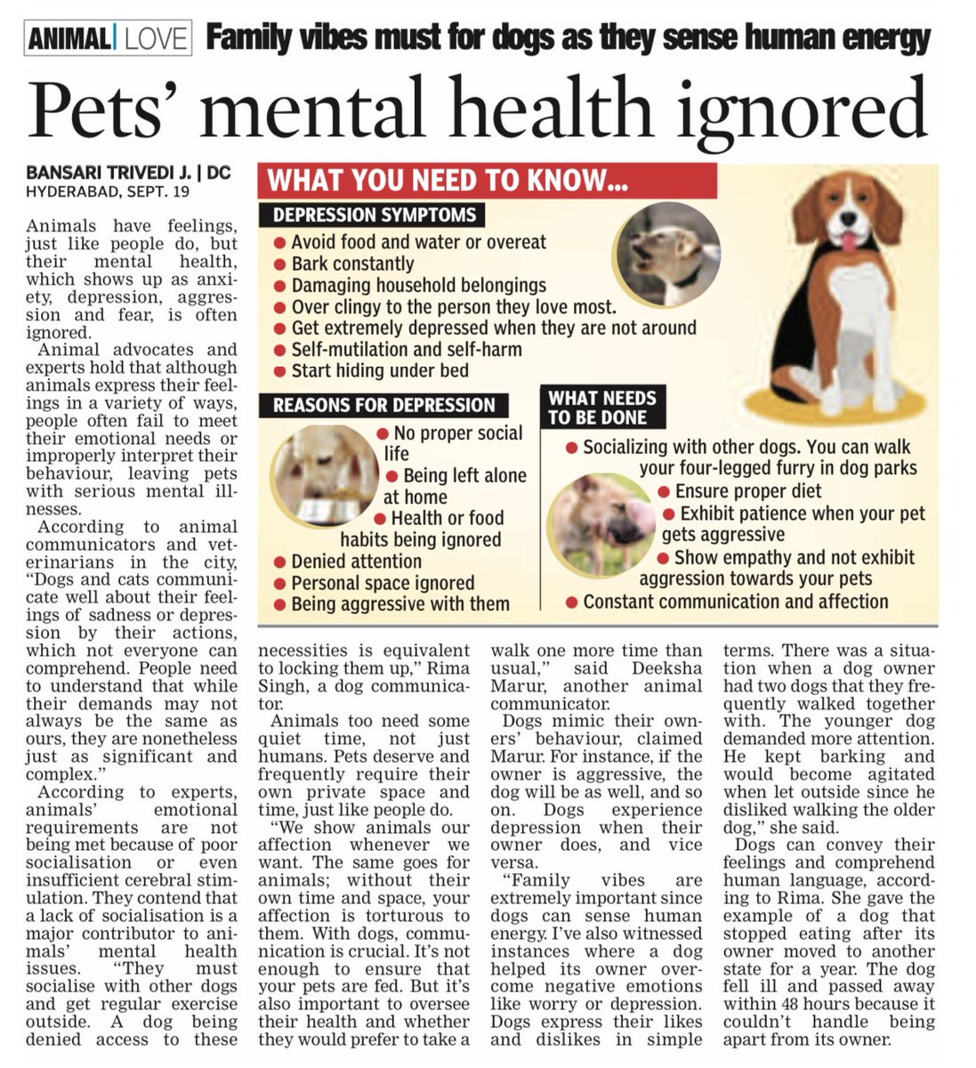 oratorgreat's tweet photo. Yet again @bansaritrvd @DeccanChronicle probes to tell an important story most media, papers would miss. Mental health of pets, ignored. Let us make it important again. https://t.co/IKTDT8932n