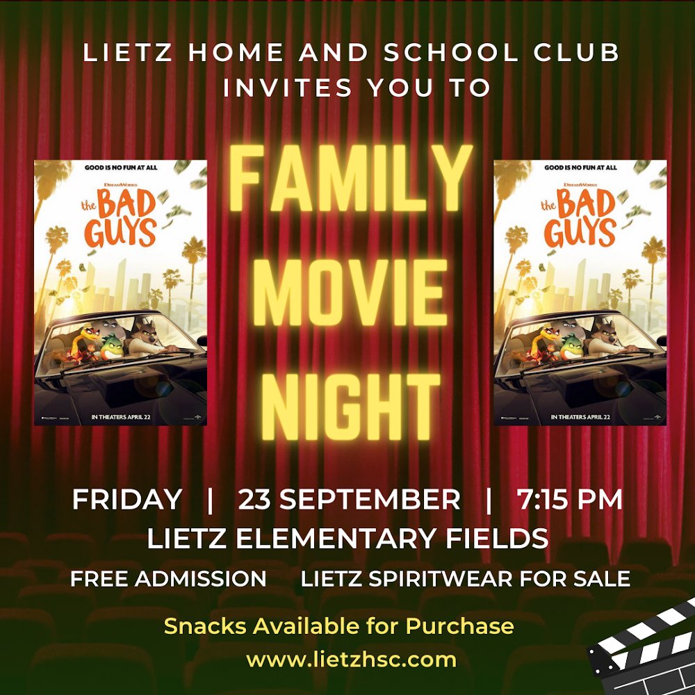 lietzhsc's tweet photo. The return of Lietz Movie Night is only a few nights away… 🍿 

Come join us for some family fun on the field. Bring your own chairs and blankets and set up on the lawn for a showing of DreamWorks’ The Bad Guys. 

@LietzPrincipal #lietzpride #usdlearns https://t.co/WvOX43jALR