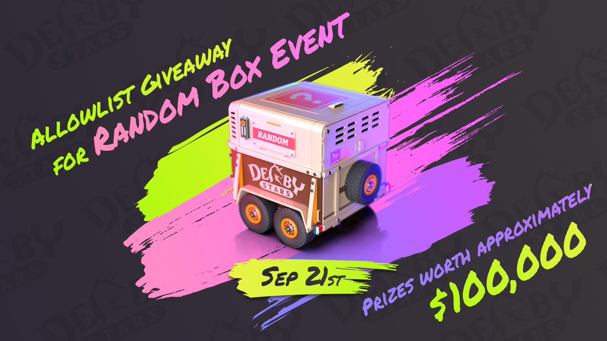 Derby Stars (@derbystars_hq) on Twitter photo GM 🔥
We are excited to announce the Random🎁Event with total prizes worth of "100,000 USD"!
📗Event Period
👉Sep 21 12:00 AM UTC-0 ~ Oct 31 12:00 AM UTC-0
📙Total AllowList amount
👉1000 AL
📘5 AL tickets giveaway🎁
👉RT and ❤️ this tweet
👉Follow <a href="/DerbyStars_HQ/">Derby Stars</a>
🧵👇👇 GM 🔥
We are excited to announce the Random🎁Event with total prizes worth of "100,000 USD"!
📗Event Period
👉Sep 21 12:00 AM UTC-0 ~ Oct 31 12:00 AM UTC-0
📙Total AllowList amount
👉1000 AL
📘5 AL tickets giveaway🎁
👉RT and ❤️ this tweet
👉Follow <a href="/DerbyStars_HQ/">Derby Stars</a>
🧵👇👇