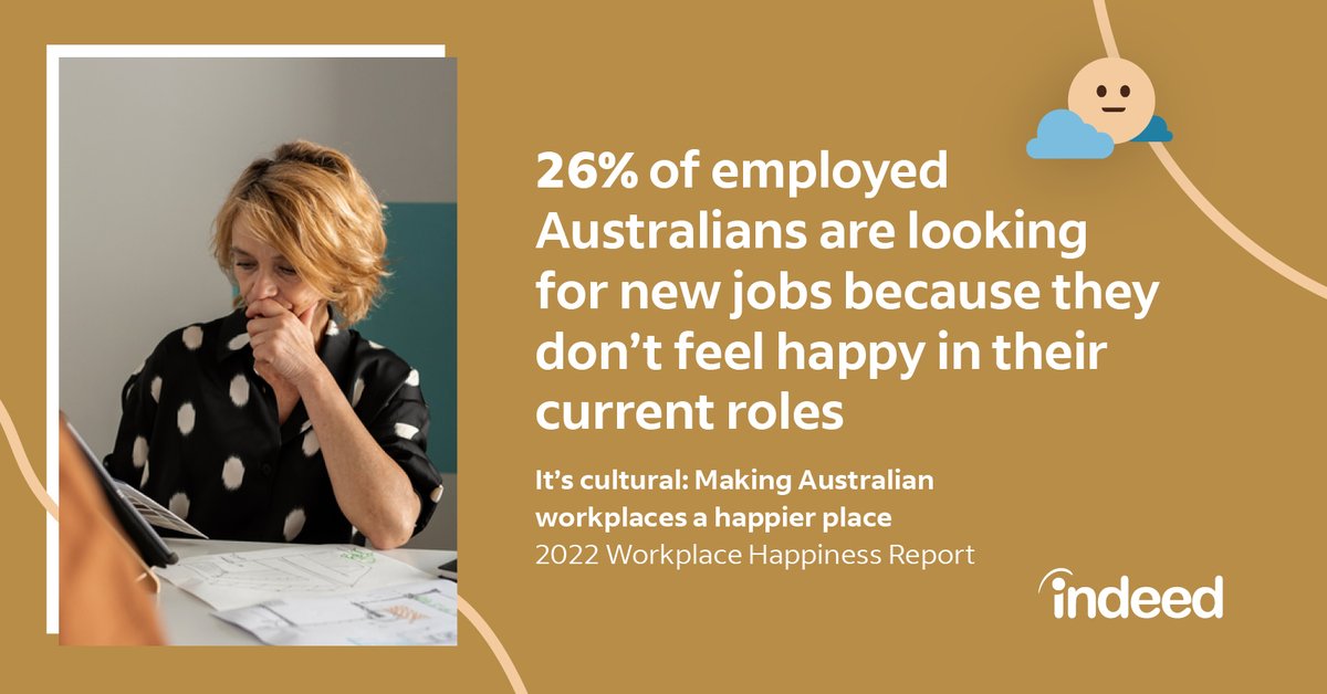 26% of employed Australians are looking for new jobs because they don't feel happy in their current roles. How does your organisation measure employee wellbeing? 

Download our report to learn more: indeedhi.re/3Qu7eu7

#WorkplaceHappiness #WorkLifeBalance #HappyEmployees