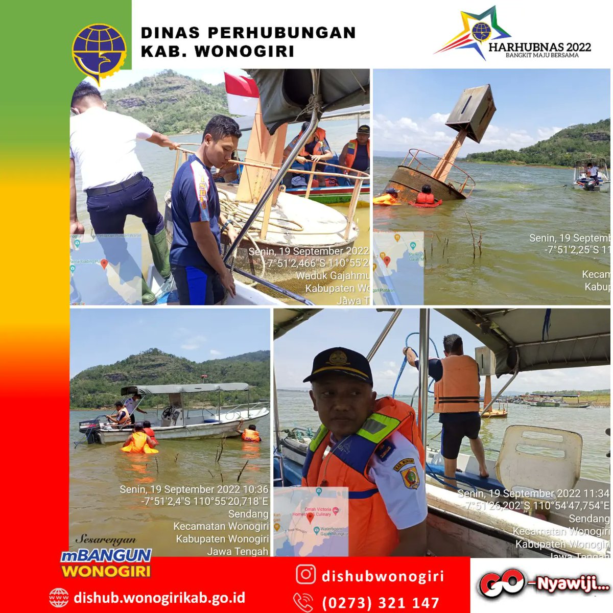 Petugas LLASDP Dishub Wonogiri melakukan giat evakuasi Rambu Perairan di Obyek Wisata WGM yg kandas akibat rantai yg terputus dr pengait. Rambu kandas 2 buah &amp; terdampar di ± 2 &amp; 4 mil dr titik seharusnya. Proses evakuasi dilakukan dg menarik rambu menggunakan 2 perahu. (19/9)
