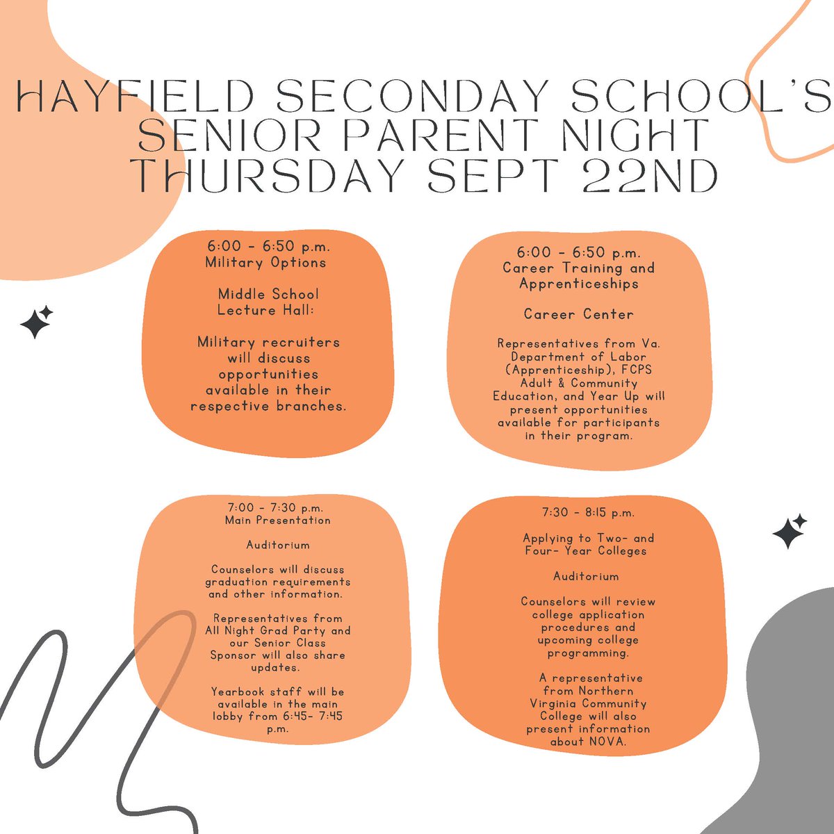 Join us for Senior Parent Night this Thursday, September 22! See photo below for session descriptions and times. All families should plan to attend the main session from 7:00- 7:30 p.m. See you there! @FCPSHayfieldSS <a href="/hayfieldsports/">Hawktivities</a> <a href="/hssptsa/">Hayfield SS PTSA</a>