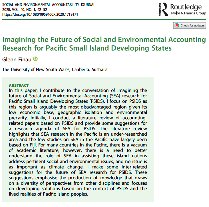 Journal_SEAJ's tweet photo. Most cited #SEAJ articles in the last 3 years 👉🏼 Imagining the Future of #Social and #Environmental #Accounting #Research for #Pacific Small Island Developing States by @glennfinau @UTAS_ 
@csearUK 
https://t.co/2ishl6yDUV https://t.co/lHr806hPM3