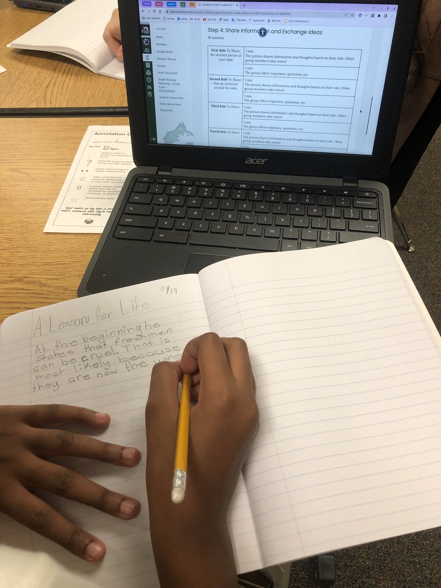 MsSMeredith's tweet photo. We used all 5 WICOR strategies analyzing a personal narrative in lit circles today. #HMSProud #FISDmadetoshine https://t.co/PTFxJ6q737