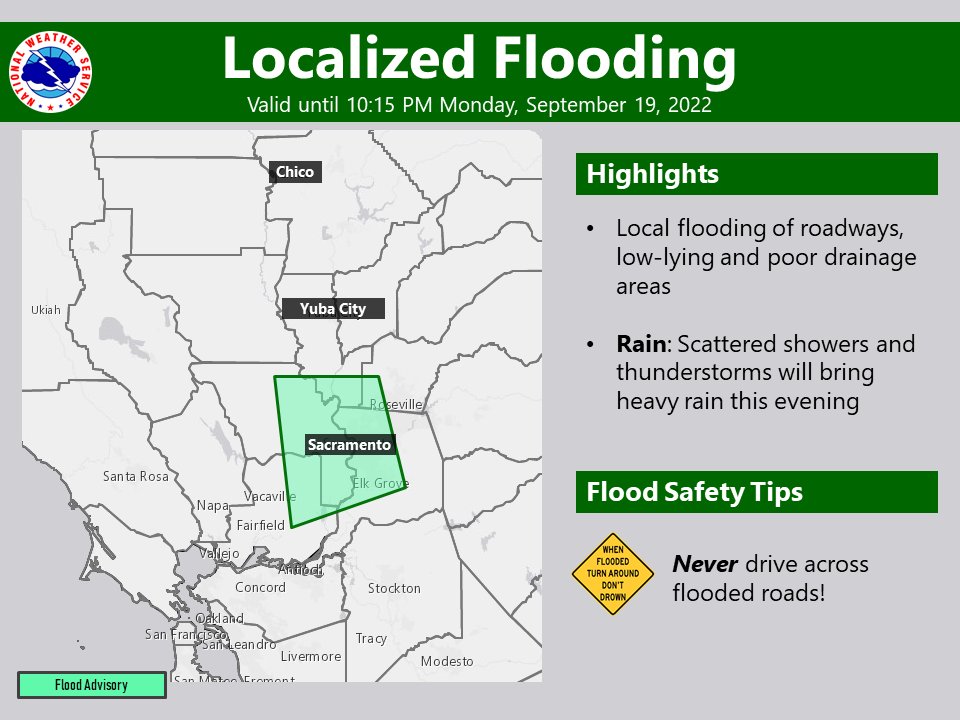 NWSSacramento's tweet photo. Showers and thunderstorms continue to bring heavy rain to portions of the area and a Flood Advisory has been issued for the Sacramento area. Localized flooding of roadways, low-laying, and poor drainage areas are possible. #CAwx https://t.co/QGiqlyfoFd
