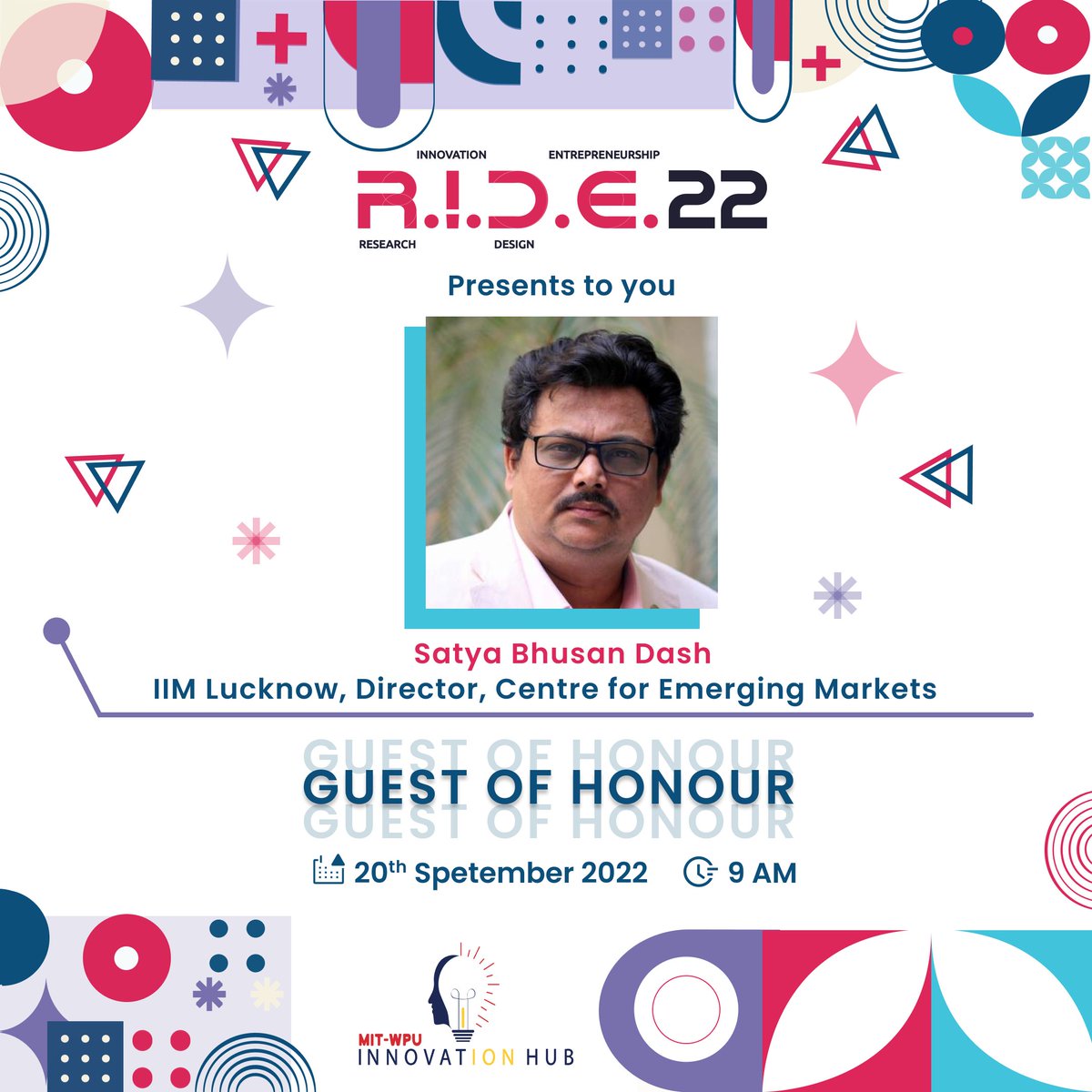 ride_mitwpu's tweet photo. RIDE'22 team welcomes Dr. Satyabhusan Dash with open arms to our Inauguration Ceremony to be held on 20th September at 9 am.

See you all there soon ✨

#RIDEthewave #RIDE #research #innovation #design #entrepreneurship #speakersessions #inaugurationday2022 #guestofhonor https://t.co/uCXbXJ32hL