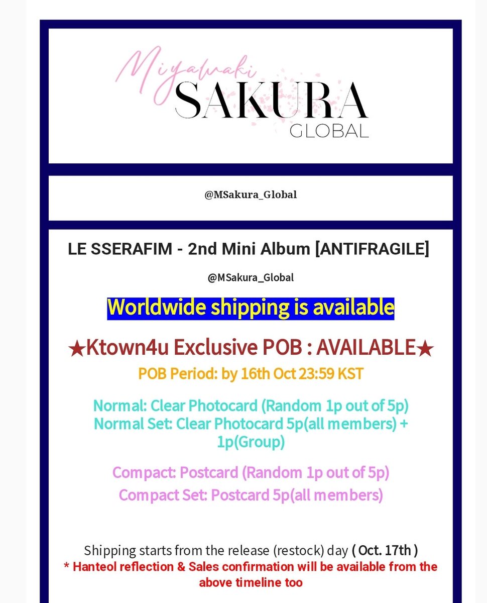 MSakura_Global's tweet photo. [📢] @Ktown4u_com x Miyawaki Sakura Global

💽 LE SSERAFIM [#ANTIFRAGILE]

✔️ Normal / Compact Ver.
🎁 POB available

💗 40% OFF👉https://t.co/LsVtlPjWSf

🌸SPECIAL
>2000 sold from OUR KT4U GLOBAL LINK = Subway Ad for #SAKURA

#사쿠라 #宮脇咲良
#르세라핌 #LE_SSERAFIM @le_sserafim https://t.co/FMCqNEsps1