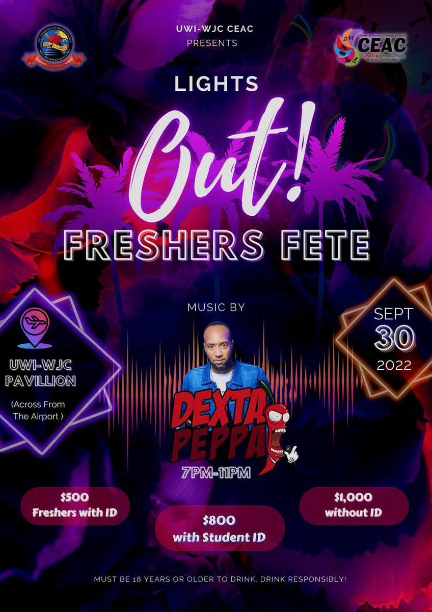 wjcguildnetwork's tweet photo. FRESHAAS AND RETURNING STUDENTS ARE YOU READY?!!🥳⚠️🥵
The UWI Western Jamaica Campus presents *Lights Out!* Freshers Fete!🚦🔥🔥
Come out on Friday, Sept. 30, 2022 at the UWI-WJC Pavillion from 7pm-11pm🤯🥵 Outside open up! 🔞🥃 https://t.co/E0fV2DC48x