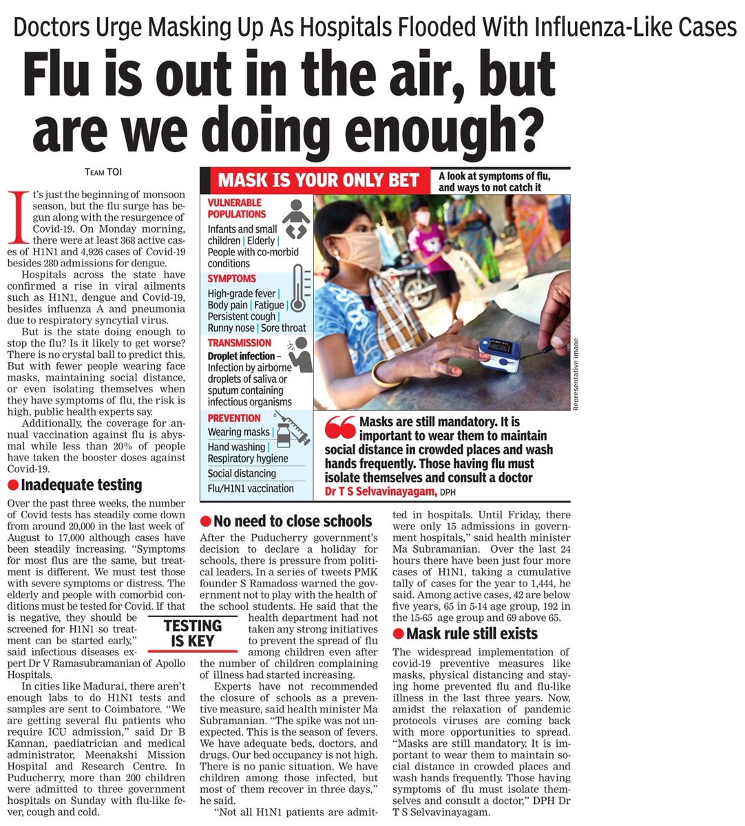 Toi_pushpa_n's tweet photo. #flu is in the air. #wearmask, #take #covid19,#influenza #vaccinations.
#Schools don't have to close #protect #elderly #vulnerable @TOIChennai with @BoscodTOI, @sukshmarTOI and @deepaksTOI.  @TNDPHPM @Subramanian_ma @HospitalsApollo https://t.co/zITIrbtfOm