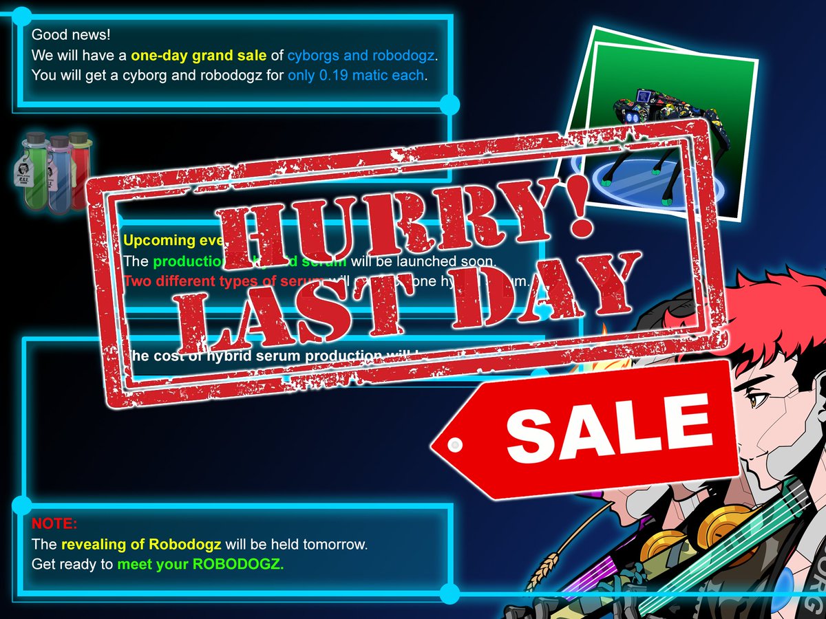 CyborgGenesis_'s tweet photo. Attention Cyborgs! 🤖

The grand sale will be over in 24 hours.
So grab your cyborg and robodogz at a discounted price now until tomorrow. https://t.co/whfIAT4jWJ