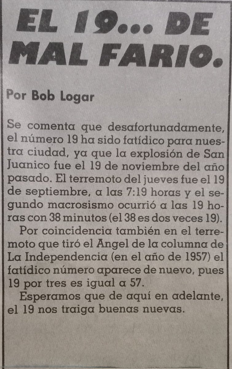 Terremotode1985's tweet photo. Desde 1986 se ha hablado de la coincidencia de los #Terremotos con el número 19. 
Aquí una nota escrita por Bob Logar para la revista TVyNovelas 1986. https://t.co/F1mzPQvreQ