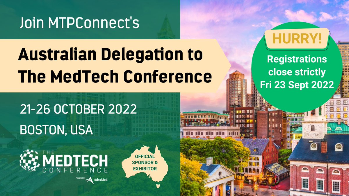 MTPConnect (@mtpconnect_aus) on Twitter photo Registrations close THIS Friday for our Australian delegation to <a href="/MedTechCon/">The MedTech Conference</a> in Boston MA in October 2022. Be part of the high-level visit program & the Australian Pavilion exhibit. Bringing together 🇦🇺 medtech & the global healthtech industry. REGISTER! bit.ly/3PvkayP Registrations close THIS Friday for our Australian delegation to <a href="/MedTechCon/">The MedTech Conference</a> in Boston MA in October 2022. Be part of the high-level visit program & the Australian Pavilion exhibit. Bringing together 🇦🇺 medtech & the global healthtech industry. REGISTER! bit.ly/3PvkayP