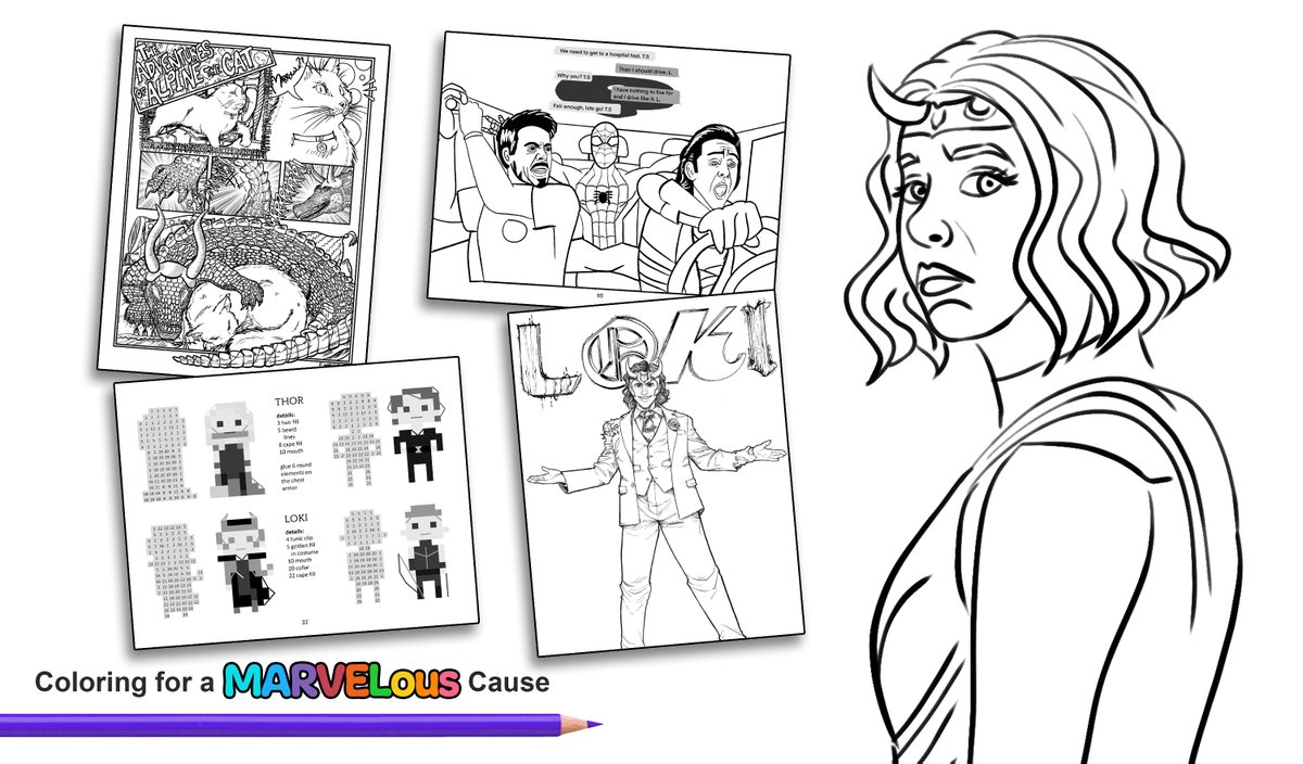 Color4MarvCause's tweet photo. You donate to charity, we send you a digital coloring book. Find out more here: https://t.co/5n1mpucQNt 
34 creators donated works to this book. 
40 coloring pages, 30 activities, and 14 stories 🖍
#marvel #loki #sylvie #croki #mobius #thor https://t.co/TCoPHaFfpn