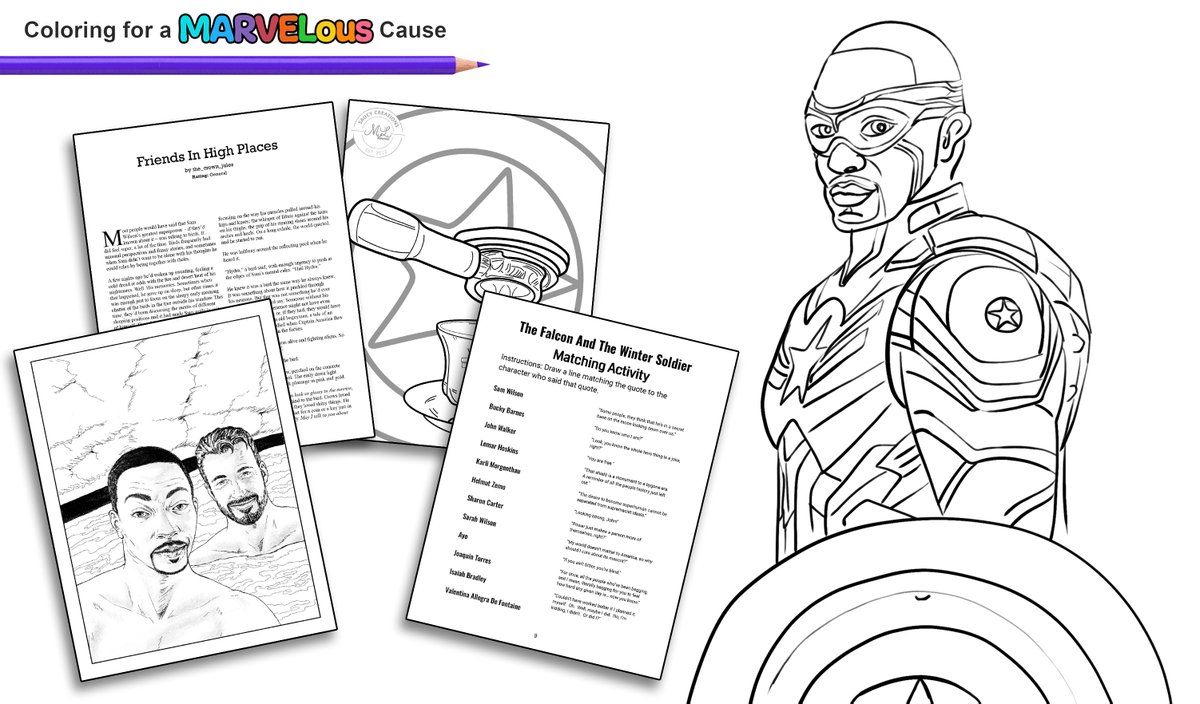Color4MarvCause's tweet photo. You donate to charity, we send you a digital coloring book. Find out more here: https://t.co/5n1mpucQNt 
34 creators donated works to this book. 
40 coloring pages, 30 activities, and 14 stories 🖍
#marvel #samwilson #captainamerica #JoaquínTorres #thefalconandthewintersoldier https://t.co/b2Yt4UDpjt