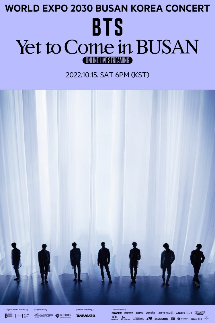 ติดตามฟรีคอนเสิร์ต <a href="/BTS_twt/">방탄소년단</a> #YetToComeInBUSAN ไลฟ์สตรีมทาง #Weverse_Live เสาร์ 15 ต.ค. 16:00น. (ไทย) (มีซับไทย)

และคอนเทนต์วอร์มอัป 3 สัปดาห์ก่อนถึงคอนเสิร์ต ทุกวันเสาร์ 16:00น. ตลอด  2 ชม.
ส. 24 ก.ย. รวม Run BTS!
ส. 1 ต.ค. รวมทริปฮีลลิ่งของ #BTS
ส. 8 ต.ค. รวมสเตจในตำนานของ #BTS