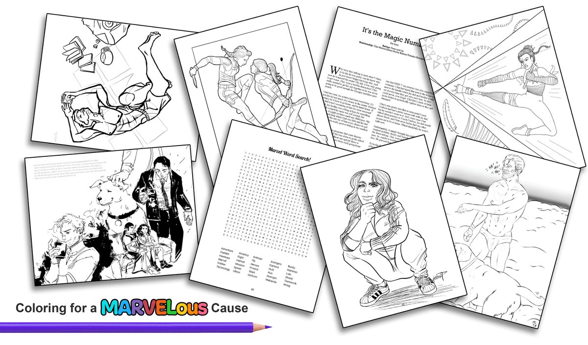 Color4MarvCause's tweet photo. You donate to charity, we send you a digital coloring book. Find out more here: https://t.co/5n1mpucQNt 
34 creators donated works to this book. 
40 coloring pages, 30 activities, and 14 stories 🖍
#marvel #Hawkeye #clintbarton #katebishop #yelenabelova #echo #luckythepizzadog https://t.co/eSAKm4003D