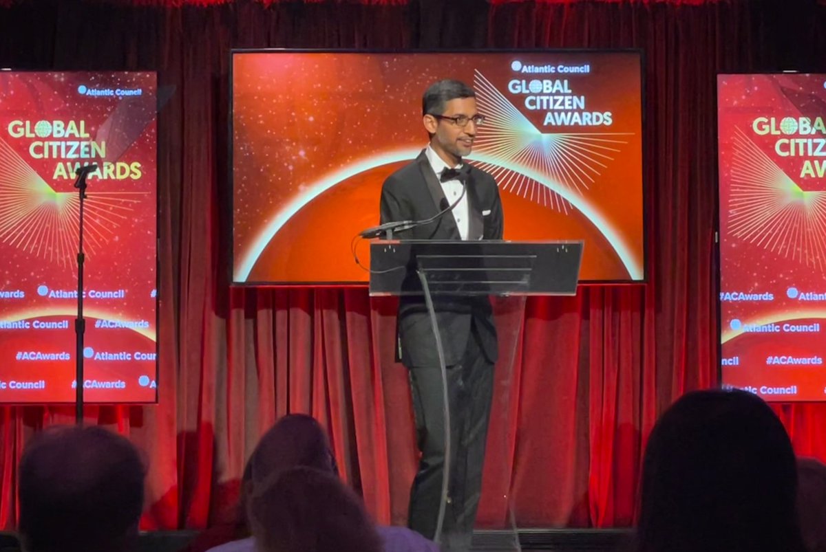 coreydu's tweet photo. Very proud evening watching my boss accept an @AtlanticCouncil Global Citizen Award for @Google's humanitarian work with Ukrainian refugees.
You can read Sundar Pichai's full acceptance speech below. #ACaward @lifeatgoogle https://t.co/eSOwcLS9l2 https://t.co/TCQpJJGbSC