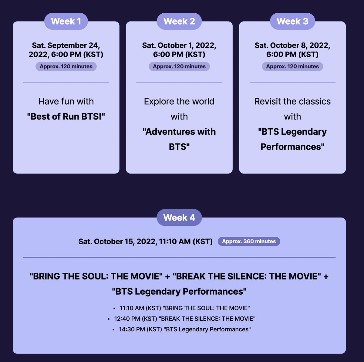 gomsugaa's tweet photo. — WARM-UP WITH WEVERSE

• Se ha programado una serie de Lives que serán como un repaso a la historia de BTS, sus programas como Run BTS, presentaciones y demás.

»En este hilo les dejo los títulos y horarios de cada evento. https://t.co/IG9ePWWOJ2