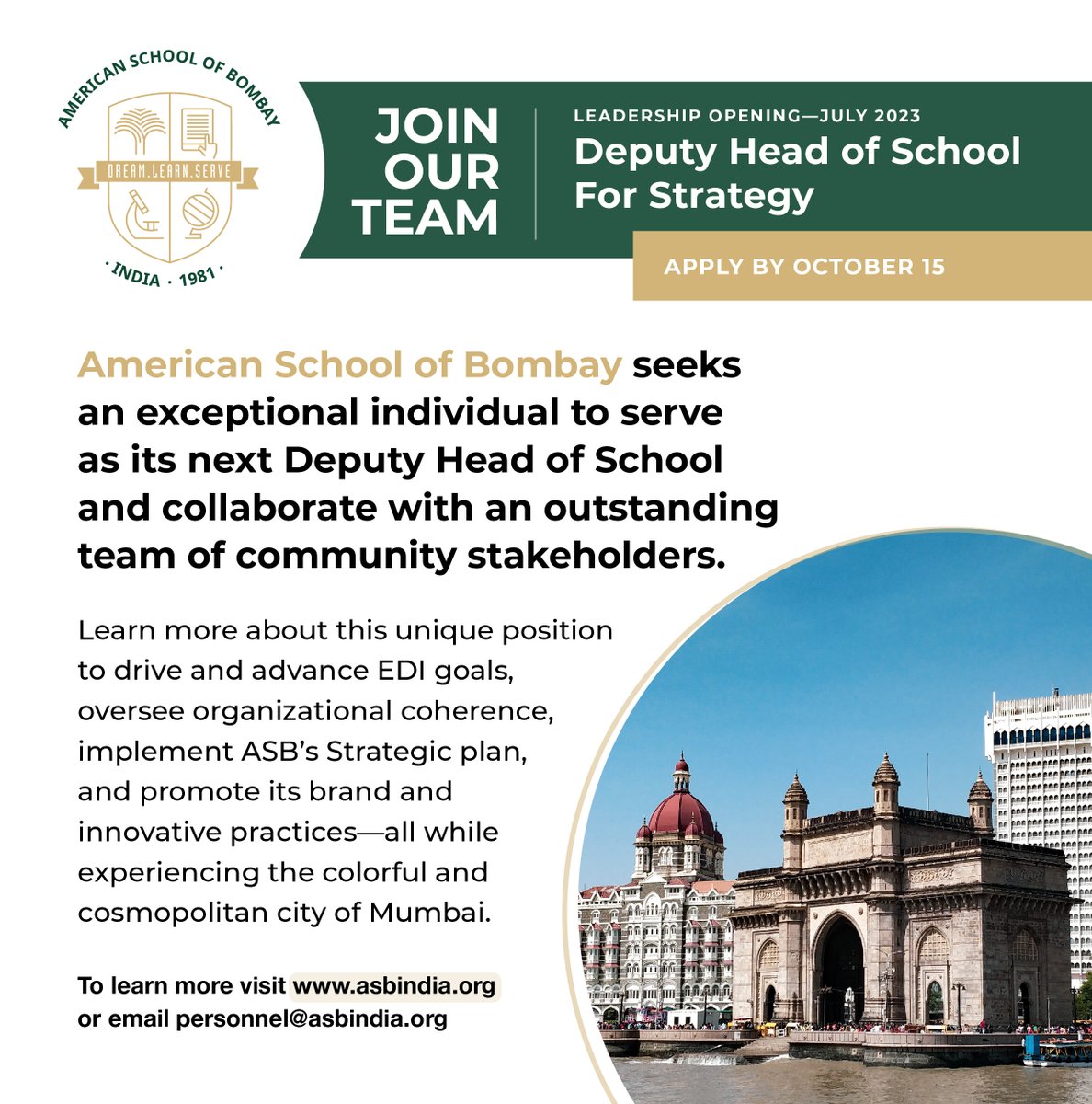 The American School of Bombay (@asbindia) on Twitter photo Team #ASB - We are What Schools Should be. Join our team as the next Deputy Head of School. Learn more at asbnidia.org and apply at personnel@asbindia.org
#school #community #apply #learnmore #staff #leadershipteam #leadership #asbcommunity #inclusion Team #ASB - We are What Schools Should be. Join our team as the next Deputy Head of School. Learn more at asbnidia.org and apply at personnel@asbindia.org
#school #community #apply #learnmore #staff #leadershipteam #leadership #asbcommunity #inclusion