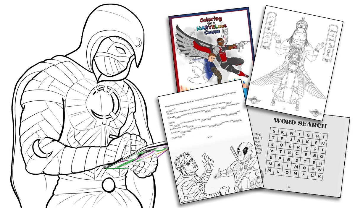 Color4MarvCause's tweet photo. You donate to charity, we send you a digital coloring book. Find out more here: https://t.co/5n1mpucQNt 
34 creators donated works to this book. 
40 coloring pages, 30 activities, and 14 stories 🖍
#marvel #moonknight #marcspector #layla #konshu https://t.co/e8gDyPIfHn