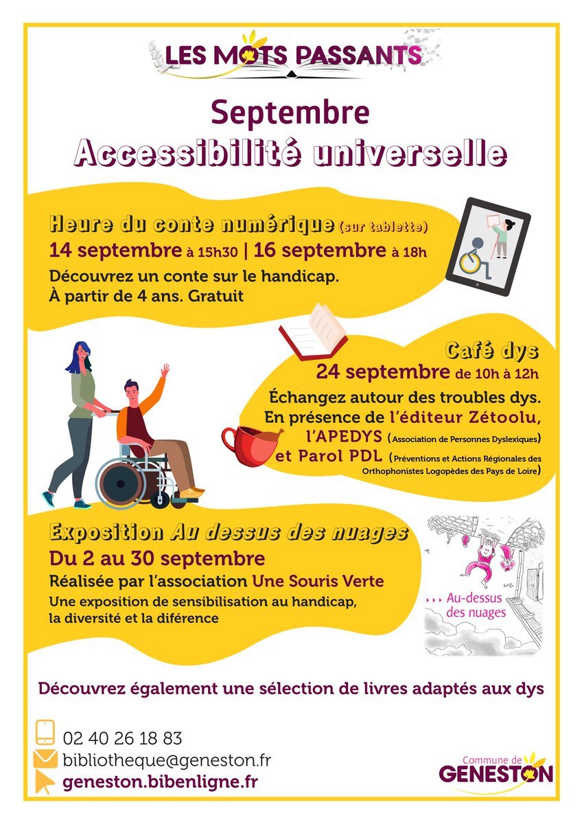 ZeTooLuZTL's tweet photo. le 24 septembre à #Geneston @ZeTooLuZTL animera unCafé DYS à la #bibliothèque Les Mots Passants de 10h à 12h, temps #gratuit
#ztl #zétoolu #dys #dyslexie #troublesdys #lectureconfortable #livreadapté #livreaccessible #lecturepourtous #handicap #orthophonie #cafédys #différence https://t.co/n1M9XozTE8