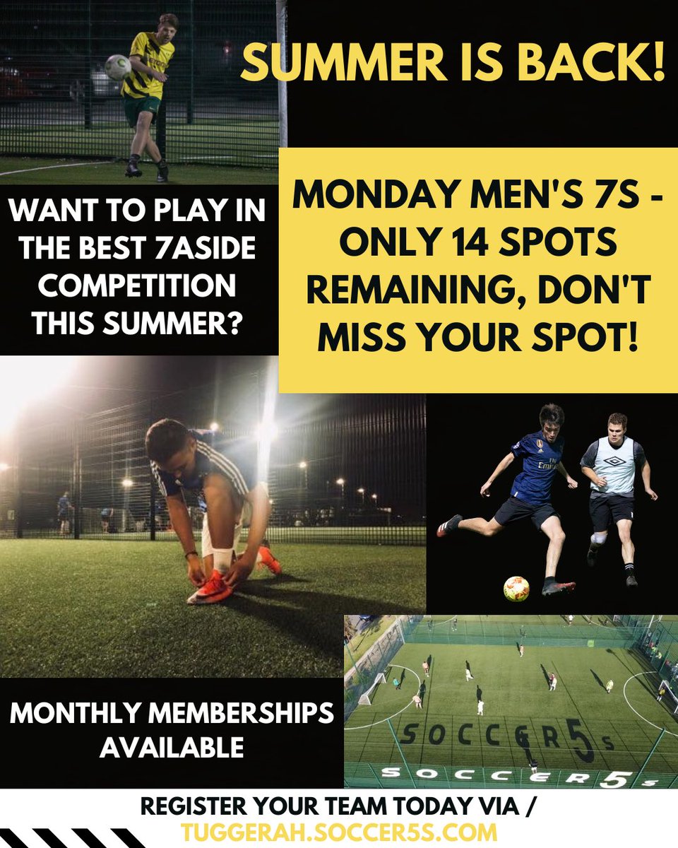 ONLY 14 SPOTS REMAINING FOR MONDAY MEN’S 7s ⏳

Want to play in the best 7aside competition this Summer? Don’t miss your chance and sign up now! Spots going quick 🔥

Link in bio 🖇