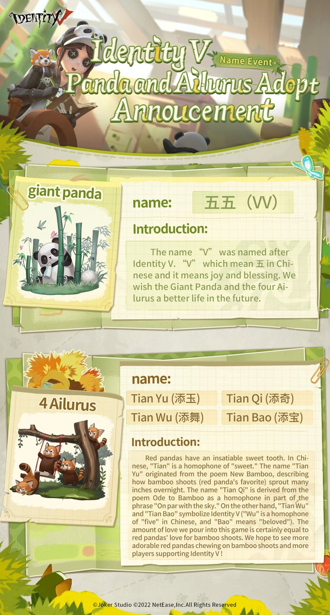 GameIdentityV's tweet photo. Dear Detectives,
Thank you for participating in the Panda Name Event and naming the adorable giant panda and the 4 sweet Ailurus!
The result is out, check it out now!
#IdentityV #PandaNameEvent #GiantPanda #Ailurus https://t.co/6xjhj0HNfP