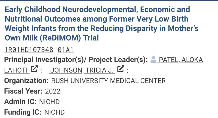 Aloka Patel MD (@alokapatelmd) on Twitter photo Thrilled to share we were awarded a new #nichd R01 to follow infants from our <a href="/nimhd/">Health Disparities</a> R01-funded ReDiMOM RCT of economic interventions to address lactation barriers in mothers of preterm infants! This will enable us to collect 2 year outcomes for infants enrolled in the RCT. Thrilled to share we were awarded a new #nichd R01 to follow infants from our <a href="/nimhd/">Health Disparities</a> R01-funded ReDiMOM RCT of economic interventions to address lactation barriers in mothers of preterm infants! This will enable us to collect 2 year outcomes for infants enrolled in the RCT.