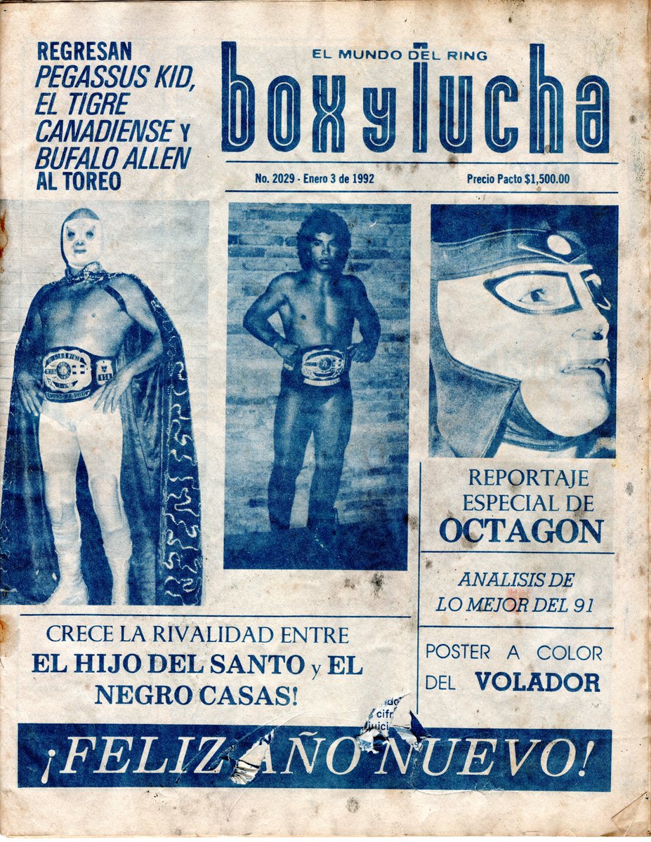 Cover to Box y Lucha magazine (issue #2029) from January 3rd, 1992. On the cover is @ElHijodelSanto , @NegroCasascmll , @Octagon_real , and much more. Also stories on Buffalo Allen @CoageAllen , Pegasus Kid, and Tigre Canadiense at El Toreo