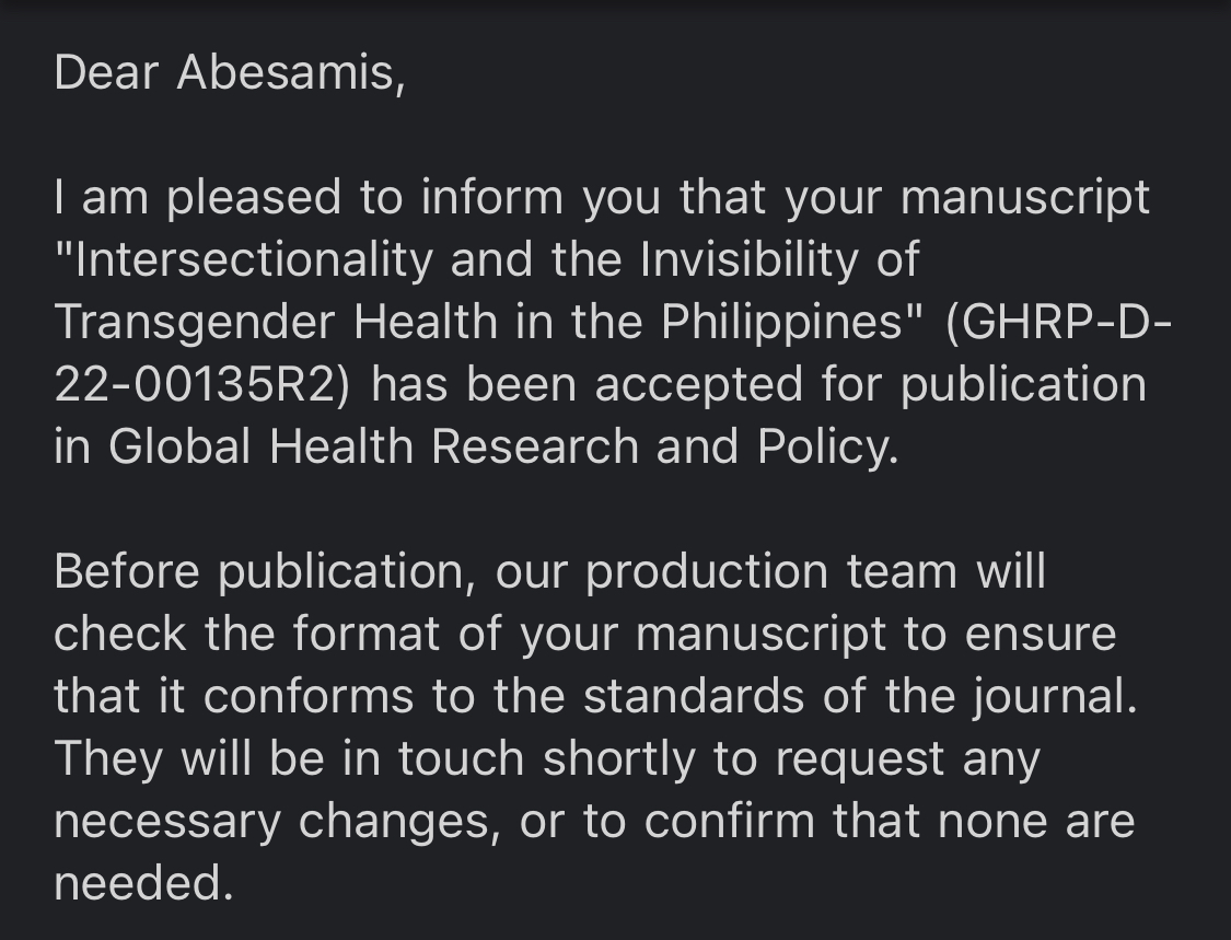 abesamisla's tweet photo. Very excited to share that the first paper from #TransHealthPHStudy is getting published in Global Health Research and Policy (Springer Nature)! 🥳 https://t.co/r7PGQ1x9iA