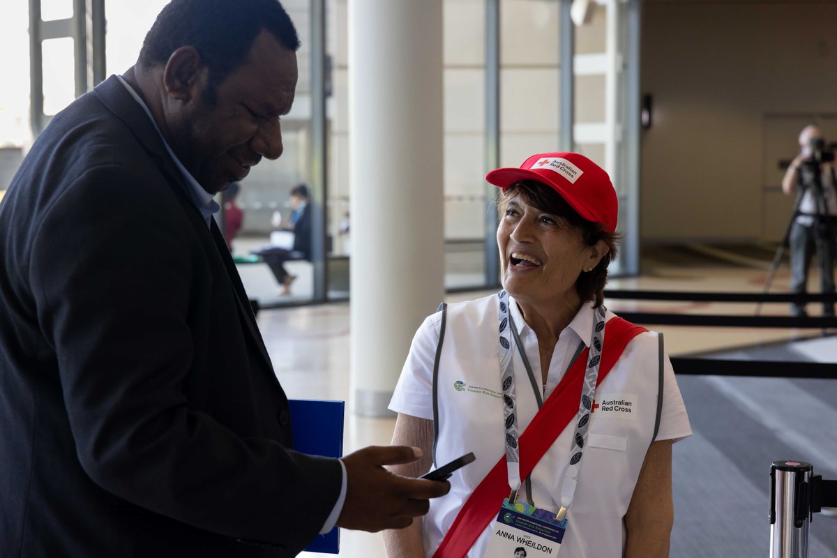 It's hard to miss the smiling faces of our 100 volunteers providing a front-line welcome and information at the #APMCDRR2022 conference where govts, the UN, international and regional orgs, and the #RedCross are meeting to accelerate disaster risk reduction. #SendaiFramework